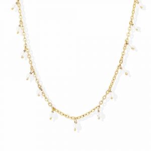 Collier Argent Dor&eacute; Petites Gouttes Perles Pierre De Lune Blanche - Neuf