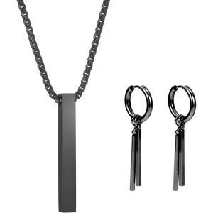Kal-Hommes Ensemble Bijoux Barre Collier Pendentif Barre Argent Noir Boucles D'oreilles Barre Collier Barre Bo&icirc;te &Agrave; Cha&icirc;nes Boucles D'oreilles Pendantes Avec Barre - Neuf