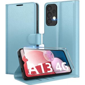 SJZG-Coque Pour Samsung Galaxy A13 4G En Premium Cuir Pu, Portefeuille Housse Etui Pour Cartes Protection Anti-Choc Flip Case Avec 1 Verre Tremp&eacute; Bleu - Neuf
