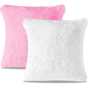 Cauc-Housse De Coussin Lot De 2, 43x43cm Housses De Coussin, Coussin D&eacute;coratif Housse Moelleux Doux, Carr&eacute; Housse Coussin Canape Pour Salon Canap&eacute; Chambre Voitur(Blanc, Rose) - Neuf