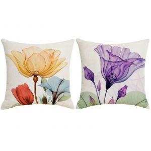 Lot De 2 Housses De Coussin D&eacute;coratives En Lin &Agrave; Fleurs Orange Et Violettes, 45 X 45 Cm - Neuf