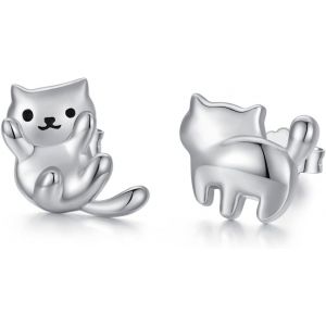 Chenquansarl-Boucles D'oreilles Chat En Argent Sterling 925 Hypoallergénique Boucles D'oreilles Animaux Mignons Chat Bijoux Cadeaux Pour Femmes Filles - Neuf