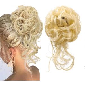 Grand Chignon, Chouchou Avec Cheveux, Postiche Bouclée Avec Bande Élastique, Pour Femmes Et Filles (Mélange De Marron Clair 12/24) - Neuf