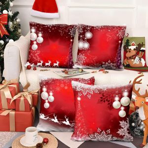 Cauc-Housses De Coussin Lot De 4, Rouge No&euml;l Flocon De Neige Briller Arbre De Boules De No&euml;l Doux Court Peluche Carr&eacute; Taie D'oreiller Pour Sofa Canap&eacute; Chambre Auto Chaise Domicile D&eacute;cor 40x40cm - Neuf