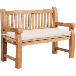 Banc De Jardin Dossier &Agrave; Lattes Droites 120 Cm En Bois De Teck Avec Accoudoirs Et Coussin D'assise Cr&egrave;me 10_0007968 - Neuf
