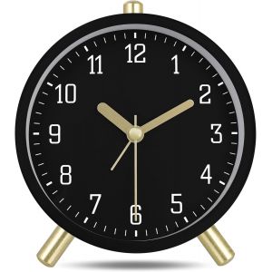 KAL-Métal Reveil Matin Analogique Silencieux, Avec Lumière De Nuit, Noir Moderne Classique, Simple Horloge De Table Pour Chambre Chevet 11Cm - Neuf