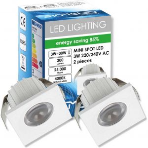 MINI SPOT LED 3W,Dimmable,300lumen,Blanc Neutre 4000K,Spot carré encastrable,220V/240V CA,Driver NON NÉCESSAIRE,2 Spots - Neuf