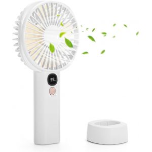 Mini Ventilateur Portatif rechargeable par USB - Petit Ventilateur de Poche 5 Vitesses avec Base, 3000mAh Ventilateur à main pour Camping, Bureau, Extérieur, Voyage Blanc - Neuf