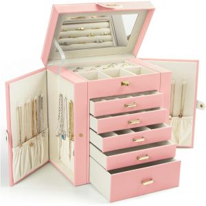 Boîte À Bijoux Pour Femme, Grande Boîte De Rangement À Bijoux À 6 Couches Avec Miroir Et 5 Tiroirs Pour Bagues, Boucles D'Oreilles, Colliers, Bracelets, Rose - Neuf