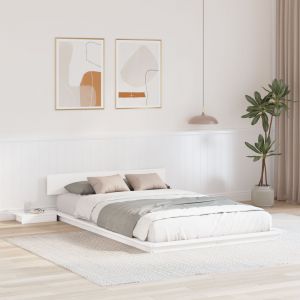 Vidaxl Cadre De Lit Au Sol Avec Tables De Chevet Blanches 120x200cm Bois Massif - Neuf