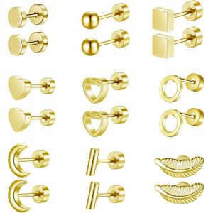 Kal-9 Paires Boucle D'oreille Femme Homme, Boucles D'oreilles Plaqué Or 14k Argent Noir, Hypoallergénique Boucle D'oreille Acier Inoxydable - Neuf