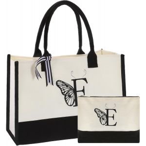 Sjzg-Sourcing Map Initial Canvas Tote Bag With Makeup Bag, Reusable Beach Tote Bag Personalized Gifts For Women Shopping Mom Gift - Neuf