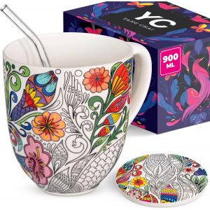 Mevronisshop-Tasse &Agrave; Th&eacute; 900ml - Grande Tasse &Agrave; Th&eacute; En Porcelaine - Grosse Mug Avec 10 Filtres &Agrave; Th&eacute;, Paille En Verre Et Sous-Verre &iquest; Tasse &Agrave; Caf&eacute;, Grand Bol, Mug Geant, Gobelet - Yc Nature - Neuf