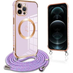 Eryi-Coque Magnétique Pour Iphone 12 Pro Con Cordon, Compatible Avec Magsafe, Silicone Housse Avec Motif Coeur D'amour Réglable Collier Lanyard, Antichoc Etui Pour Iphone 12pro 6.1 Pouces, Violet - Neuf