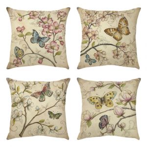 Coussins D&eacute;coratifs 4 Pi&egrave;ces 45x45 Cm Tissu Lin Imprim&eacute; Floral, Oiseaux Et Papillons Printemps Zip Invisible Dos Uni Facile &Agrave; Coordonner Avec Canap&eacute; Et Autres Coussins - Neuf