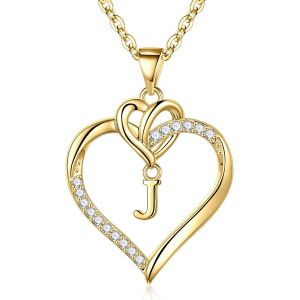 Coeur Collier Femme Or Argent, 14 Carats Plaqu&eacute; Or/Or Blanc Cha&icirc;ne Initiale Collier Femme Zircone Lettre Coeur Pendentif Collier Femme Cadeaux Femme Fille Amie M&egrave;re Bijoux Femme Fille Collier - Neuf