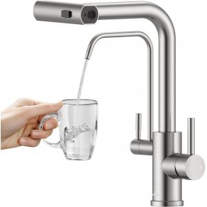 Robinet de cuisine 3 voies sans filtre à eau, mitigeur de cuisine 3 en 1 pour filtre à eau, brossé 360 °, robinet d'eau potable avec douchette extensible - Neuf