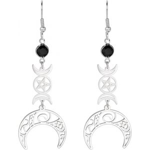 Triple Lune Déesse Pentagram Croissant De Lune Pendentif Boucles D'oreilles Wiccan Bijoux En Acier Inoxydable Bijoux Cadeau Fille Femme[H1268] - Neuf