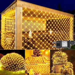 KAL-Filet Lumineux Extérieur 3X2M 200 Led Guirlande Lumineuse Plafond Avec Prise, Minuterie, 8 Modes Filet Lumineux Noël Ip65 Étanche Rideau Lumineux Pour Buisson Jardin Chambre Noël - Blanc Chaud - Neuf