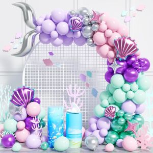 Ballon Sir&egrave;ne Queue Guirlande F&ecirc;te,111 Pi&egrave;ces M&eacute;tallique Violet Argent Pastel Rose Sarcelle Bleu Ballons Latex Arche Avec Coquillage &Eacute;toile Pour D&eacute;coration Fille Sir&egrave;ne Th&egrave;me Anniversaire Baby Showe - Neuf