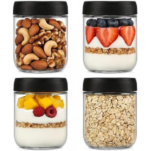 Mevronisshop-Lot De 4 Overnight Oats Jar, 480ml Bocaux En Verre Herm&eacute;tique, Bocal En Verre Avec Couvercle, Pot En Verre Pour Yaourt, C&eacute;r&eacute;ales, Porridge, Confiture - Neuf