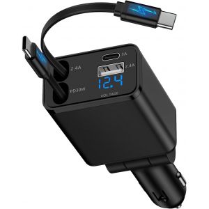 4 en 1 Chargeur Allume Cigare USB C, 69W Chargeur Voiture Charge Rapide avec C&acirc;ble Type C R&eacute;tractable, Prise Allume Cigare 12V pour iPhone 17 Pro 16 15 14, Samsung Galaxy S25 S24 S23 S22 A16 A56 A36 - Neuf