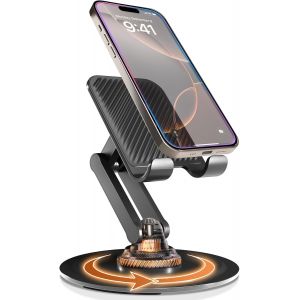 Support 360°-Support De Téléphone Ajustable Pour Bureau|Support Mobile Rotatif 360°,Multi-Angle,Base Métallique,Pliable,Portable|Support De Téléphone De Bureau (Noir Piano) - Neuf