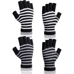 2 Pairs Winter Striped Half Finger Gloves Stretchy Fingerless Gloves For Men And Women, Grey, Black, One Size - Neuf