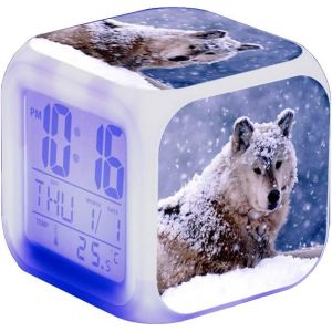 Wolf R&eacute;veil LED pour Enfant - R&eacute;veil de Chevet carr&eacute; - Affichage LCD &eacute;clair&eacute; - Cadeau - Motif Loup (#14) - Neuf