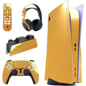 PlayVital Autocollant Skin pour ps5 Manette,Sticker pour ps5 Console Disc Edition & Station de Charge & Casque & T&eacute;l&eacute;commande-Or chrom&eacute; - Neuf