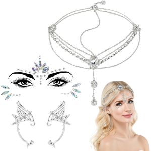 Kal-3pcs Cristal Cha&icirc;ne De T&ecirc;te Boheme Argent Oreille Elfe Boucles D'oreilles Pour Femme Fille Strass Visage Festival Bijoux De Tete Vintage Bijoux Cheveux Pour Halloween F&ecirc;te Cosplay Mariage Costume - Neuf