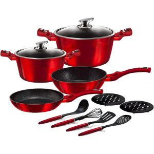 Checarzhn--No1-Lot De 12 Casseroles Et Poêles Rouges Antiadhésives En Aluminium Avec 4 Ustensiles De Cuisine Et Couvercles Confortables En Verre Trempé ¿ Compatible Avec Tous Les Plans De Cuisson Com - Neuf