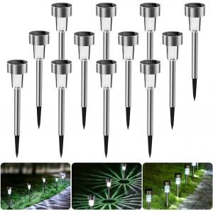 (Lumière Blanche), Lot De 12 Lampes Solaires De Jardin, Étanches, En Acier Inoxydable, À Led, Éclairage Extérieur Pour Terrasse, Pelouse Et Allées - Neuf