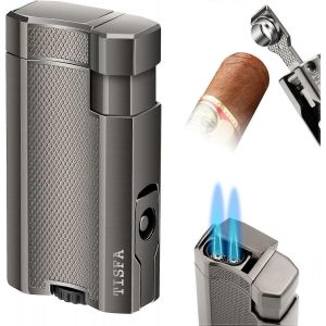 Briquet torche au butane a double jet, perforateur a cigares integre, porte-cigare, briquet au butane coupe-vent reglable, rechargeable, poche Cool L - Neuf