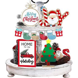 10 Pièces Noël À Plusieurs Niveaux Plateau Décor Hiver En Bois Table Panneaux Joyeux Noël Maison Partie - Neuf