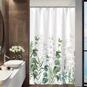 CHENG-Rideau Douche 120x200cm, Rideau de Douche Anti Moisissure Gris Feuilles d'eucalyptus Vert Rideaux de Baignoire Tissu Lavable Imperm&eacute;able Polyester Rideaux Salle de Bain avec 8 Crochets - Neuf