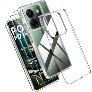 Kal-Coque Pour Xiaomi Poco M7 Pro 5g Case Avec 2 Verre Trempé Protection Écran Deux, Transparent Soft Etui Silicone Tpu Cover Absorption De Choc Et Anti-Scratch Housse Étui - Neuf