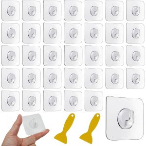 Lot de 35 Crochets Adhésif Transparent,Crochets Transparents sans Couture Solides,Sans Perçage,Crochet Adhesif Mural avec 2 Grattoir pour Maison,Cuisine,Salle Bain 15Kg (Max) - Neuf