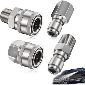 MEVRONISSHOP-4 Pi&egrave;ces Coupleur de Nettoyeur Haute Pression, Pressure Washer Adapter Set, Adaptateur 1/4 Npt Pouces M&acirc;le Femelle, en Acier Inoxydable, Pour Lance de Pulv&eacute;risation 5000 Psi (Argent) - Neuf