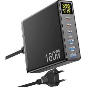 Chargeur 160w Gan 6-Port Type C Rapide, Adaptateur Secteur Multiple Avec 3 Usb-C Et 3 Usb-A Pd Qc 3.0 Pour Macbook Pro/Air, Laptop, Iphone, Ipad, Samsung - Neuf