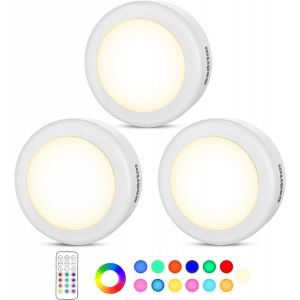 3 Pcs Lampe Placard De 1w, Lampe Led Veilleuse Rgb 13 Couleurs Luminosit&eacute; Lampe Murale Sans Fil R&eacute;glable Pour Cuisine, Chambre,Coiffeuse,Couloir Aliment&eacute; Par Batterie(Non Inclus)Avec 1 T&eacute;l&eacute;commande - Neuf