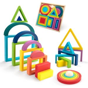ChenQuanSarl-Jouet En Bois Arc-En-Ciel, 28Pcs Blocs De Construction Grand Puzzle De Nidification, Montessori Jeu &Eacute;ducatif &Agrave; Empiler G&eacute;om&eacute;trique Building Block, Cadeau Pour Enfants Gar&ccedil;ons Filles 1 2 - Neuf