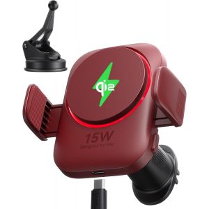 JGD-Support T&eacute;l&eacute;phone Voiture Induction 15W Mag-Safe, Certifi&eacute; Qi2 Chargeur Induction Voiture avec Ventilateur et LED, Charge Rapide, Compatible iPhone 16 Pro Max/15/14/13/12 etc, Rouge - Neuf