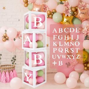 TRAHOO-Boite Baby Shower Decoration Filles Garçons, 4 pcs Cube Baby Shower avec 27 Lettres, Boite a Ballon Lettre pour Baby Shower, Bapteme, Anniversaire 1 an, Gender Reveal Party Decoration - Neuf