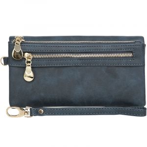 Porte-cartes zippé en cuir bleu encre avec porte-clés pour femme - Neuf