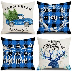 Noël Taies D'oreiller Set De 4, Noël Linge De Place Taie D'oreiller 45 X 45 Cm, Noël Canapé-Taie D'oreiller, Noël, Housse De Coussin, De Noël Peau De Pêche Impression Housse Du Canapé - Neuf