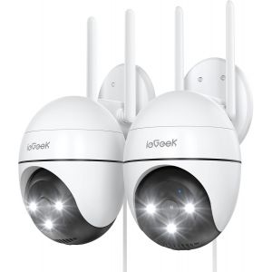(2 Pièces 2K Camera Surveillance WiFi Exterieure, 360° Camera IP, Vision Nocturne Couleur, Détection Humaine et Suivi Automatique, Audio Bidirectionnel, Sirène et Alarme Lumineuse, Stockage - Neuf