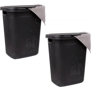 MEVRONISSHOP-Lot de 2 paniers &agrave; linge fins en plastique avec couvercle - 50 l - 45 x 34 x 53 cm (L x l x H) - Noir - Neuf
