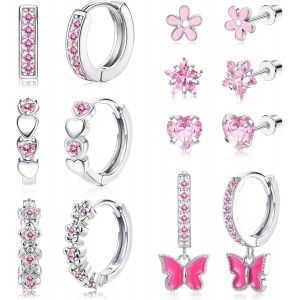 Kal-7paires Boucle D'oreilles Enfants Fille Hypoallergénique Boucles D'oreille Femmes Acier Inoxydable Boucles D'oreilles Huggie Coeur Cz Étoile Fleur Tragus Cartilage Piercing Rose Multicolore - Neuf