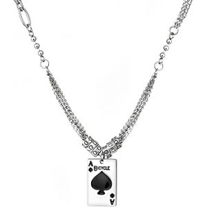 Kal-Petit Collier As De Pique Avec Double Cha&icirc;ne,50+5 Cm Collier En Acier Inoxydable Argent&eacute; Accessoires Pour Couples Et Hommes,Poker Cartes Collier Pour Rock Gothique Punk Hip Hop - Neuf